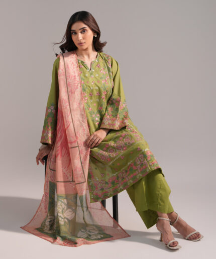 Green Zari Lawn A-Line Suit - View 2
