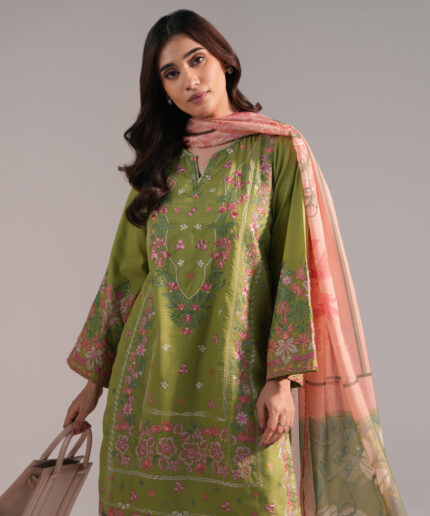 Green Zari Lawn A-Line Suit - View 1