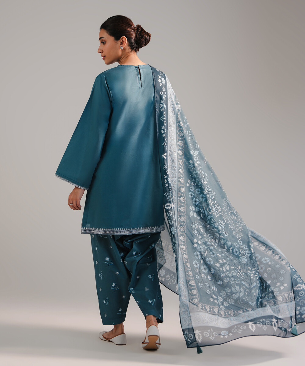 Teal Slub Lawn Boxy Suit - View 1 Teal Slub Lawn Boxy Suit - View 1