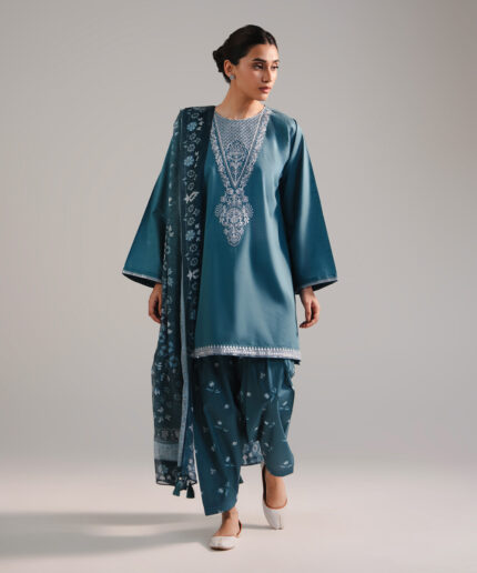 Teal Slub Lawn Boxy Suit - View 2