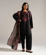 Black Slub Lawn Straight Suit - View 4