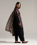 Black Slub Lawn Straight Suit - View 3