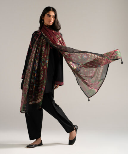 Black Slub Lawn Straight Suit - View 1