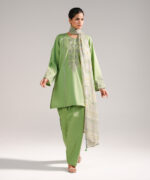 Green Slub Lawn Straight Suit - View 4