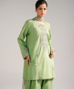 Green Slub Lawn Straight Suit - View 2