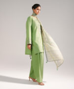 Green Slub Lawn Straight Suit - View 3