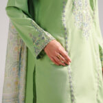 Green Slub Lawn Straight Suit - View 1