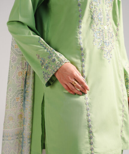 Green Slub Lawn Straight Suit - View 1