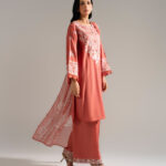 Peach Dobby Crepe Straight Suit - View 1