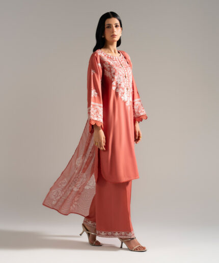 Peach Dobby Crepe Straight Suit - View 1
