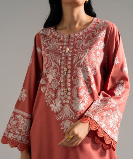 Peach Dobby Crepe Straight Suit - View 2