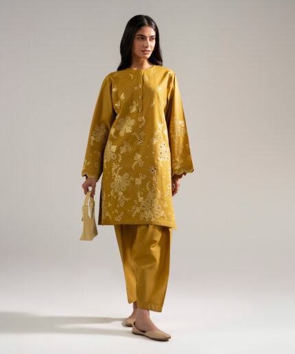 Mustard Self Jacquard Straight Shirt Suit - View 2