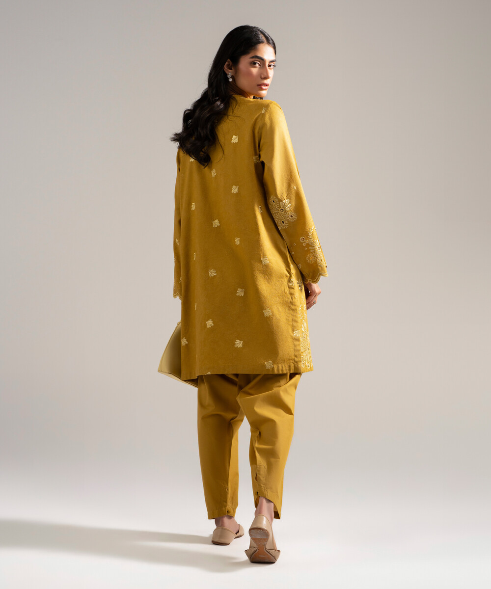 Mustard Self Jacquard Straight Shirt Suit - View 1 Mustard Self Jacquard Straight Shirt Suit - View 1