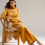 Yellow Self Jacquard Straight Suit - View 1