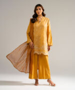 Yellow Self Jacquard Straight Suit - View 4