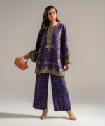 Dark Blue Self Jacquard Straight Suit - View 4