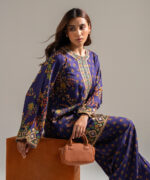 Dark Blue Self Jacquard Straight Suit - View 1