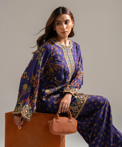 Dark Blue Self Jacquard Straight Suit - View 1