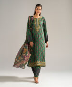 Green Self Jacquard A-Line Suit - View 4