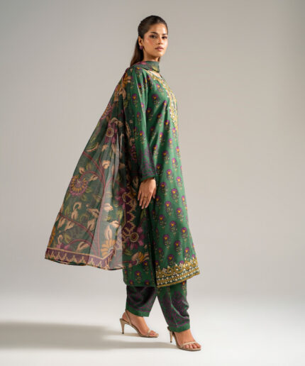 Green Self Jacquard A-Line Suit - View 1