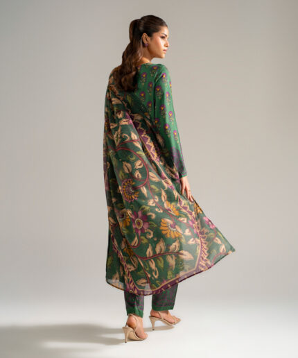 Green Self Jacquard A-Line Suit - View 2