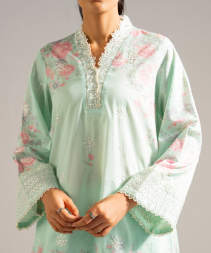 Mint Green Lawn Straight Shirt Suit - View 1