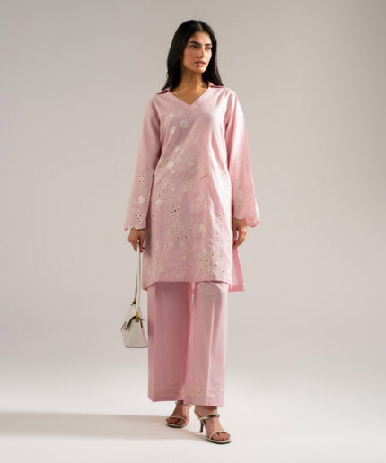 Pink Self Jacquard Straight Shirt Suit - View 2