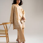 Beige Self Jacquard Straight Shirt Suit - View 1