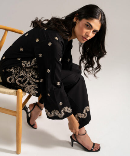 Black Self Jacquard Straight Shirt Suit - View 1