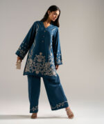 Teal Self Jacquard Straight Shirt Suit - View 4