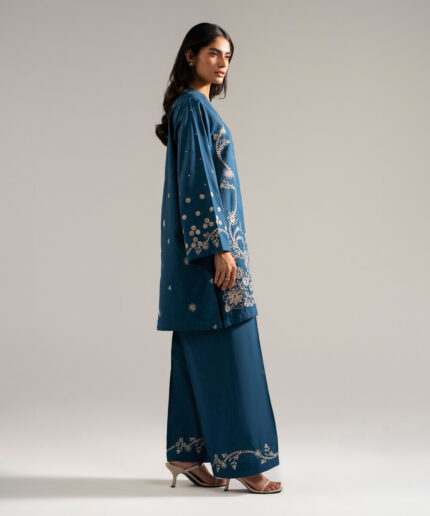 Teal Self Jacquard Straight Shirt Suit - View 2