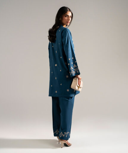 Teal Self Jacquard Straight Shirt Suit - View 1