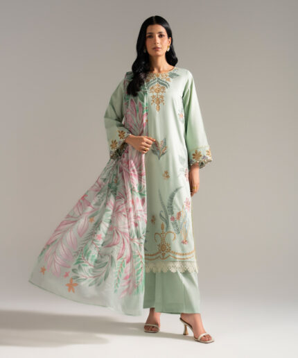 Green Dobby Crepe A-Line Suit - View 1