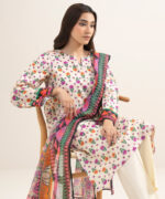 Cream White Slub Lawn A-Line Suit - View 2