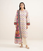 Cream White Slub Lawn A-Line Suit - View 5