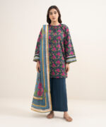Dark Blue Slub Lawn Straight Suit - View 1