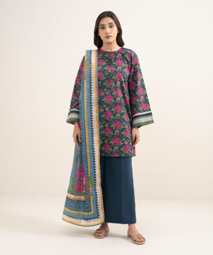 Dark Blue Slub Lawn Straight Suit - View 1