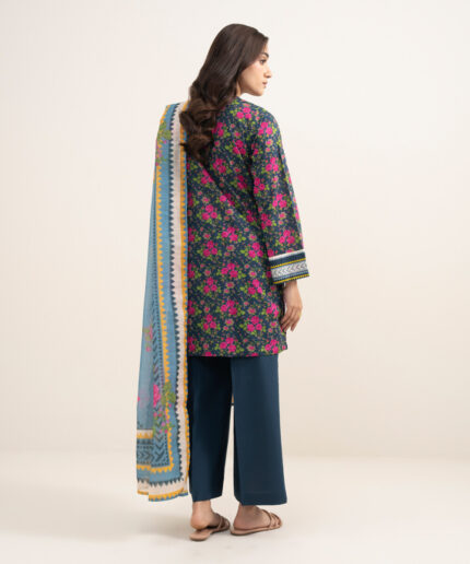 Dark Blue Slub Lawn Straight Suit - View 2