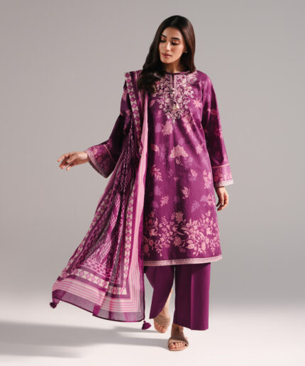 Purple Lawn Straight Suit - View 1