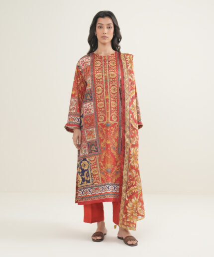 Dark Orange Blended Grip Silk Drop Shoulder Suit - View 1