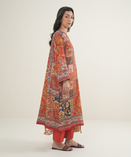 Dark Orange Blended Grip Silk Drop Shoulder Suit - View 2