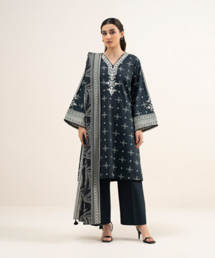Black And Off White Lawn Unstitched Ensemble - View 2