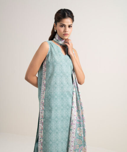 Green And Off White Lawn Unstitched Ensemble - View 2