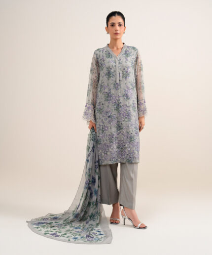 Grey Blended Chiffon Unstitched Ensemble - View 1