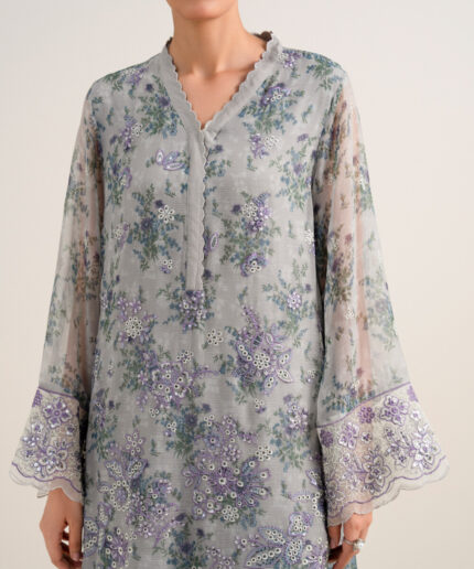 Grey Blended Chiffon Unstitched Ensemble - View 2