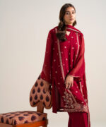 Deep Red Blended Chiffon Unstitched Ensemble - View 1