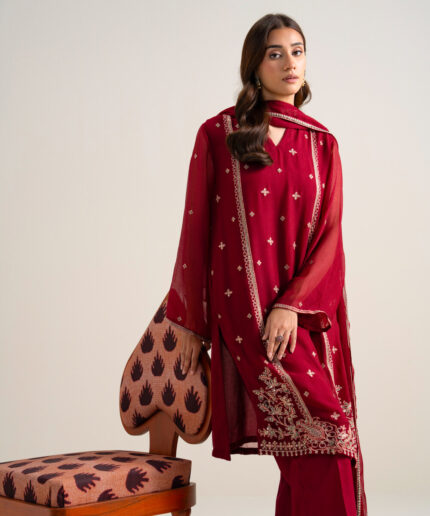 Deep Red Blended Chiffon Unstitched Ensemble - View 1
