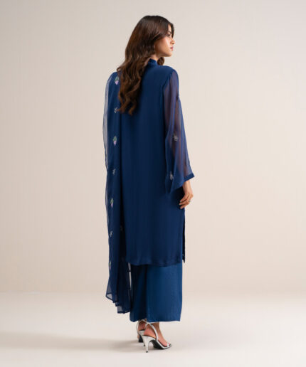 Blue Blended Chiffon Unstitched Ensemble - View 2