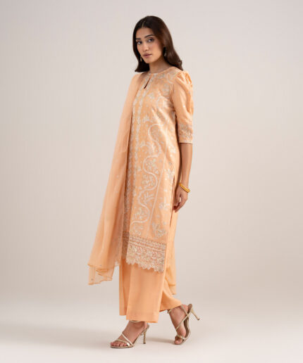 Peach Raw Silk Unstitched Ensemble - View 2
