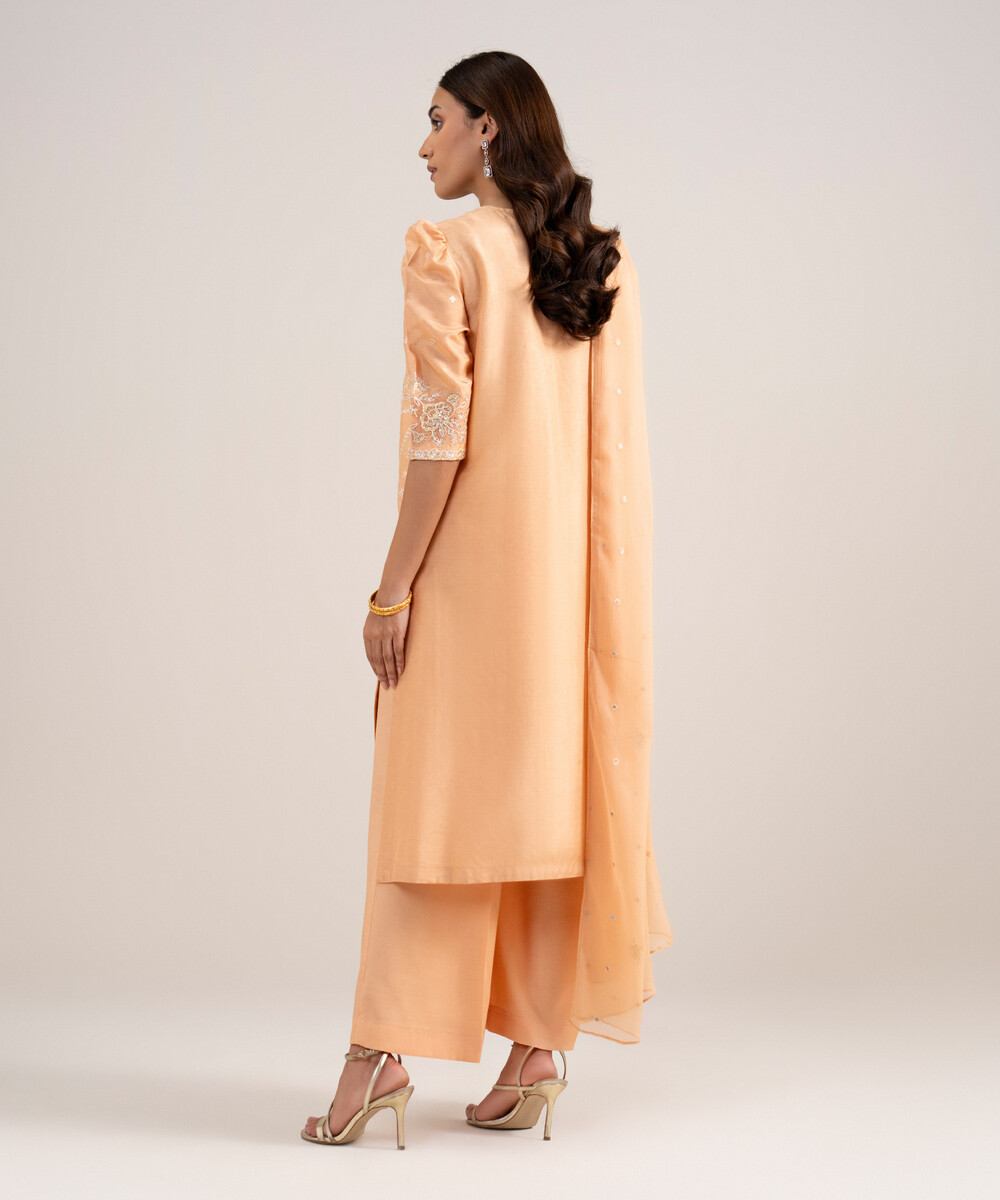 Peach Raw Silk Unstitched Ensemble - View 1 Peach Raw Silk Unstitched Ensemble - View 1